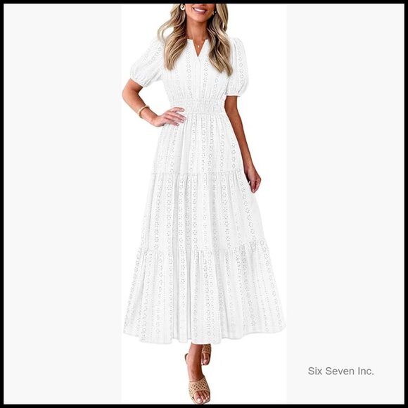 Dresses & Skirts - Cotton Maxi Dress with Puff Sleeves V Neck Smocked Waist Flowy Eyelet